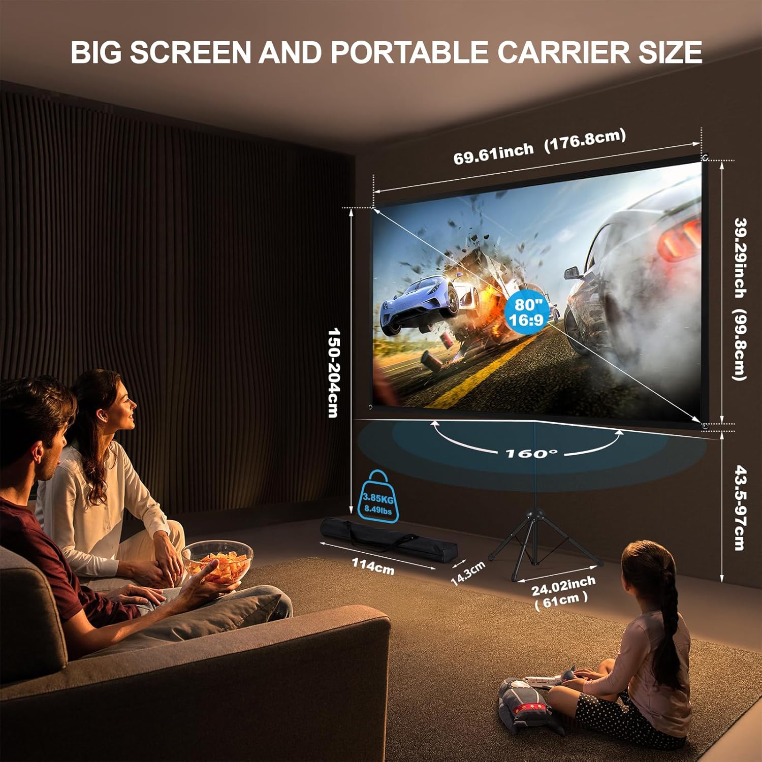 Portable Projector Screen 80 Inch 16:9 ALR High Contrast with Stand Outdoor