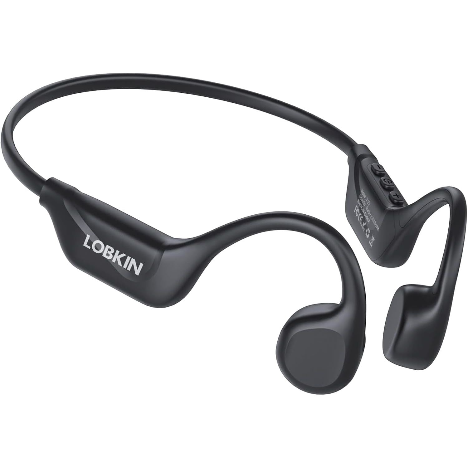 Black wireless earbud headset with Lobkin branding on a white background