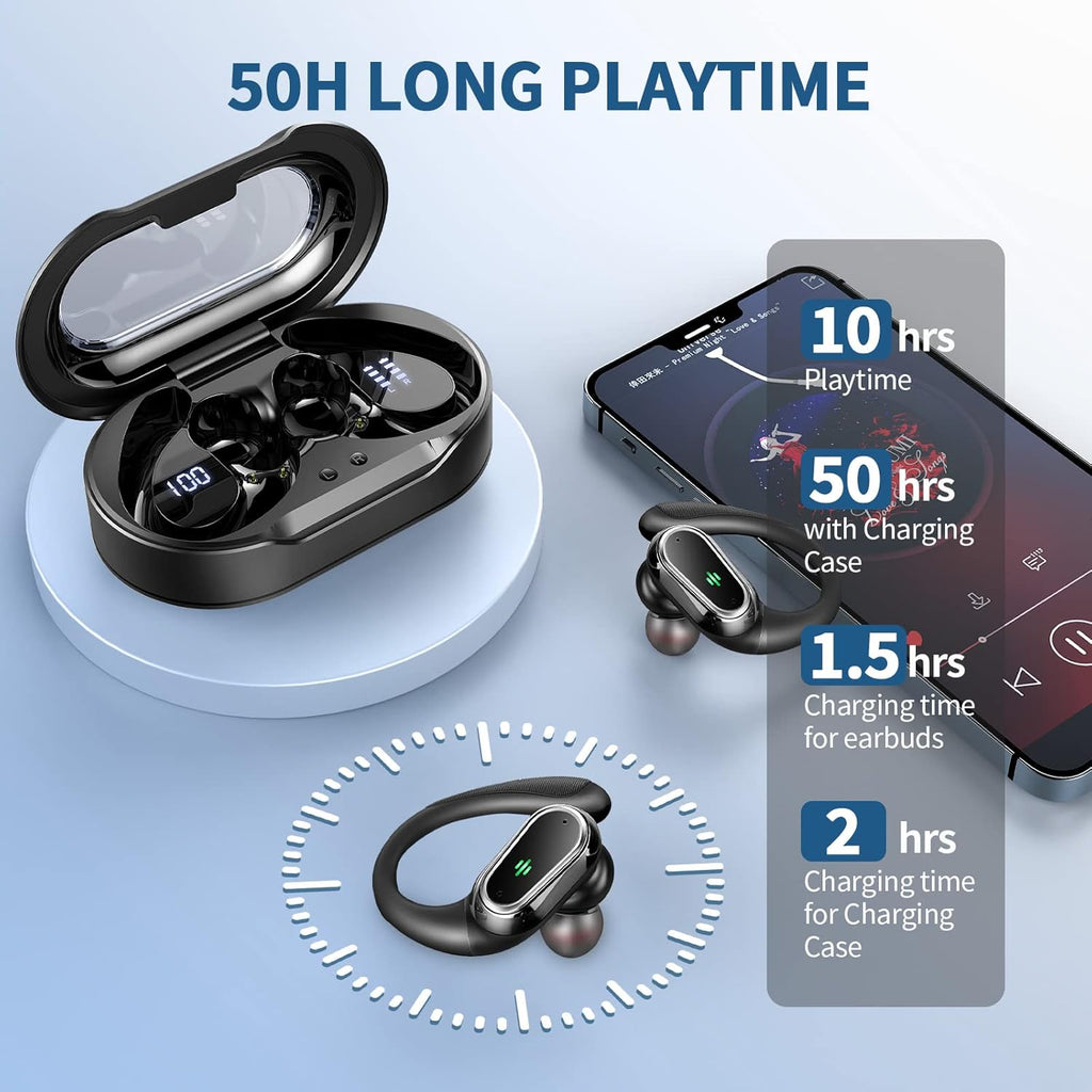 Earbuds Wireless Sport 50H Playtime Bluetooth 5.4 Headphones Mic Earhooks Black