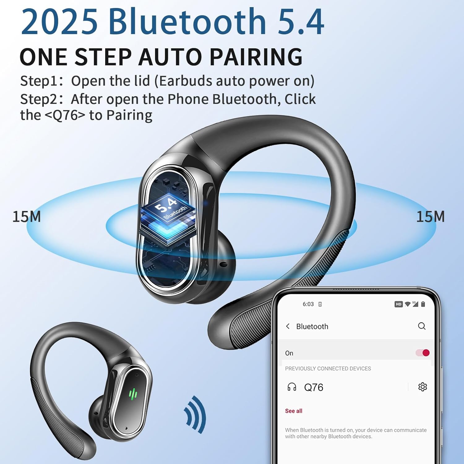 Earbuds Wireless Sport 50H Playtime Bluetooth 5.4 Headphones Mic Earhooks Black