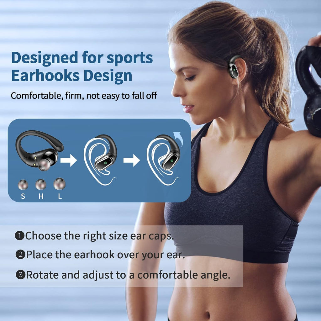 Earbuds Wireless Sport 50H Playtime Bluetooth 5.4 Headphones Mic Earhooks Black