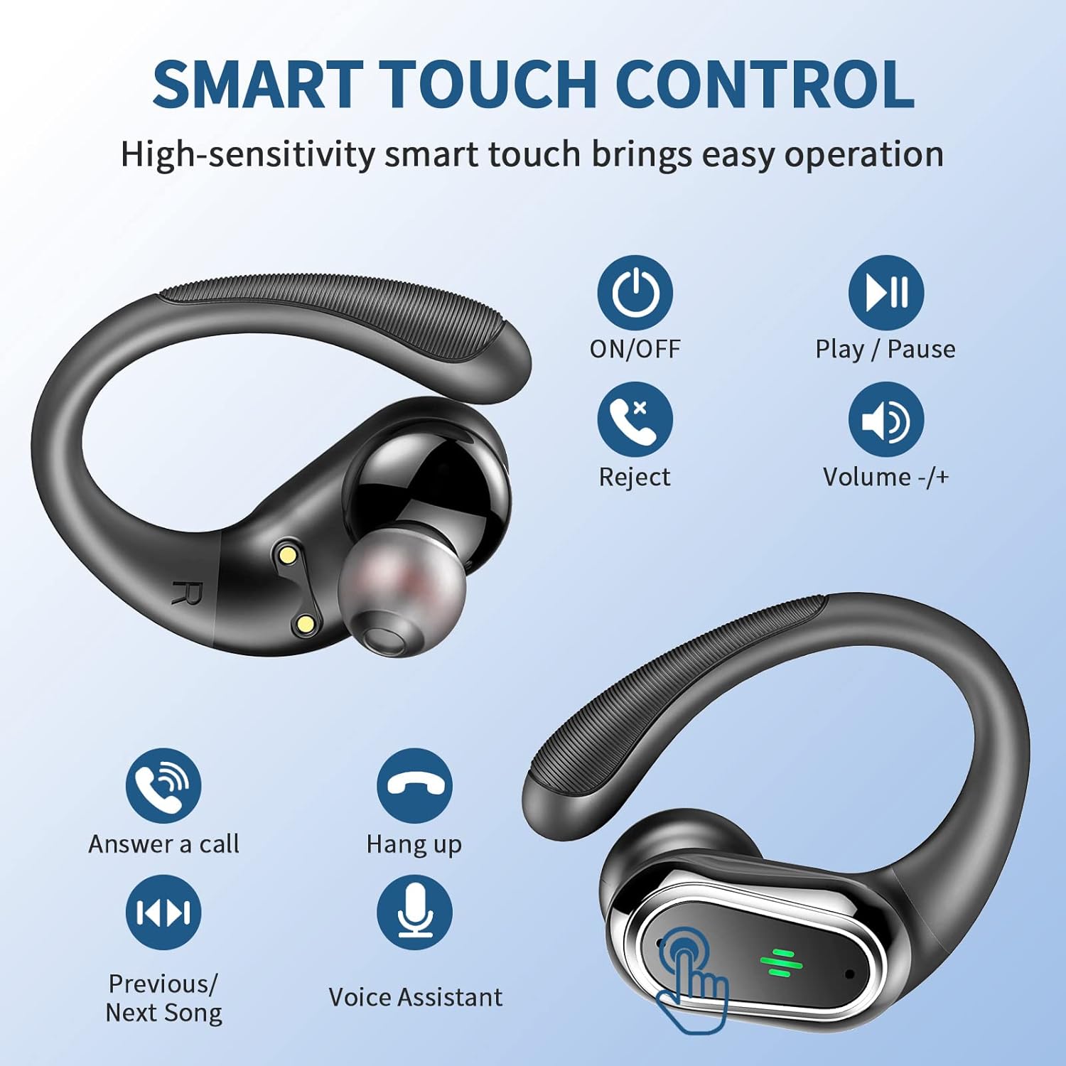 Earbuds Wireless Sport 50H Playtime Bluetooth 5.4 Headphones Mic Earhooks Black