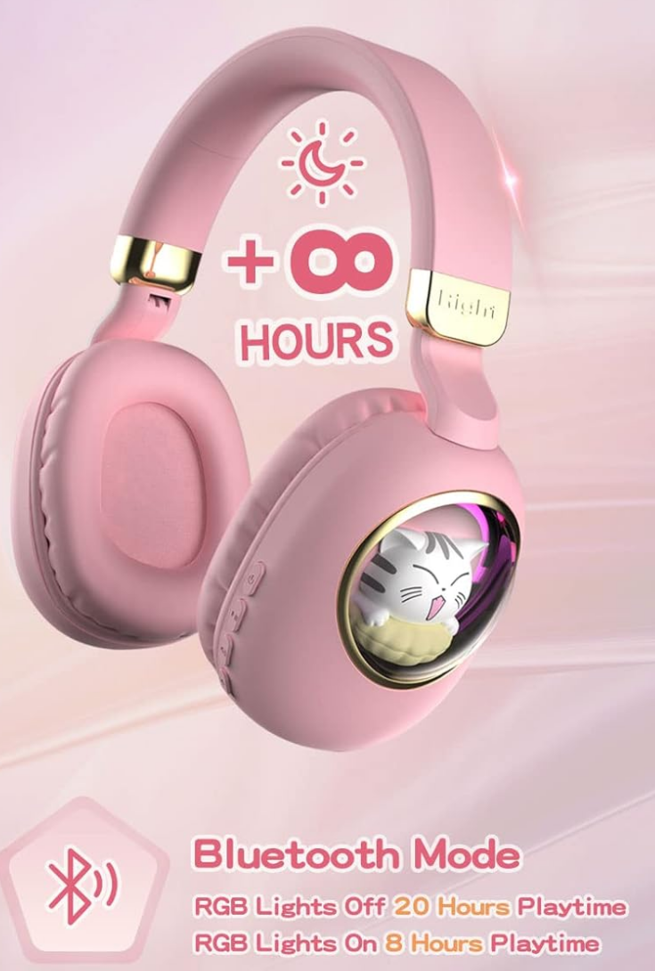 Kids Headphones Cat Ear Pink Wireless Bluetooth Foldable Mic Light Up Pink